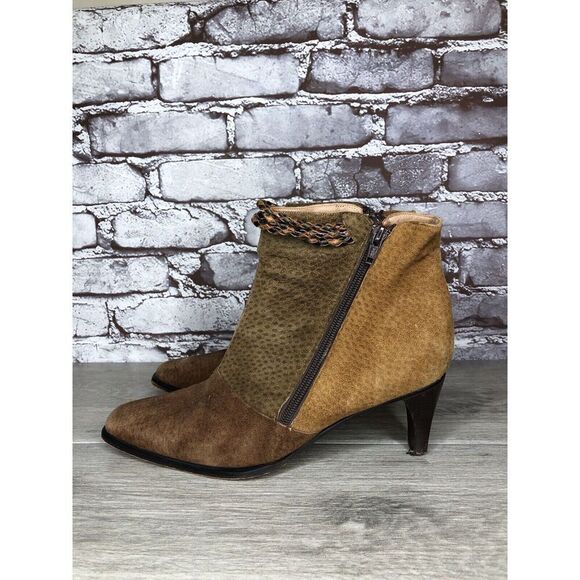 CHIARINI Tan Brown Green Suede Leather Double Sided Zipper Heel Booties Women 40 - Picture 5 of 16